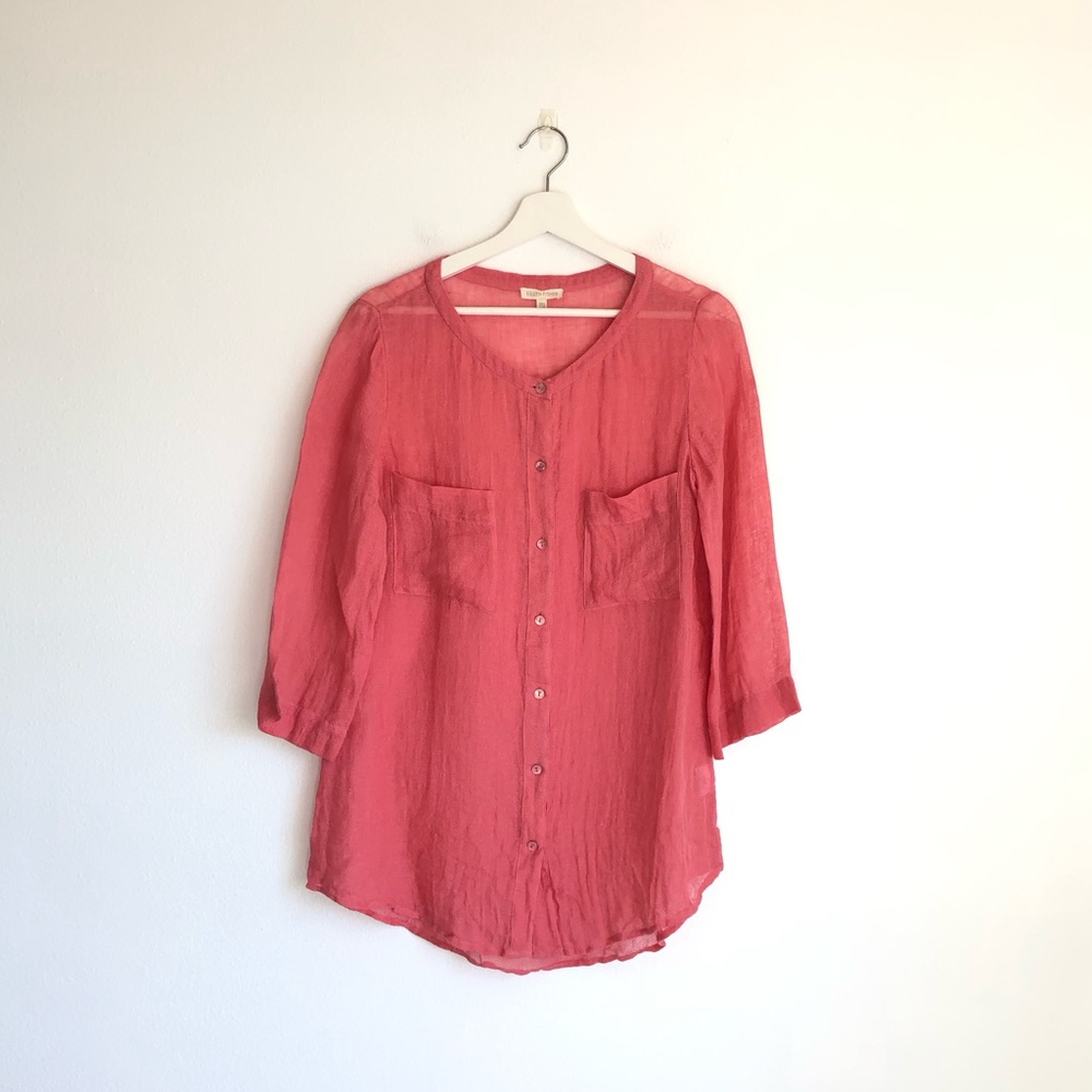 Eileen Fisher Coral Pink 100% Linen Button Up Top Size Small Beach Coastal